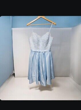JJs House Baby Blue Lace Bodice Satin Sparkly  Mini Dress Size 2